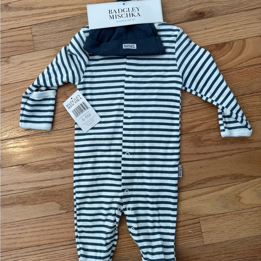 Badgley Mischka Striped Baby Footies - Blue and White